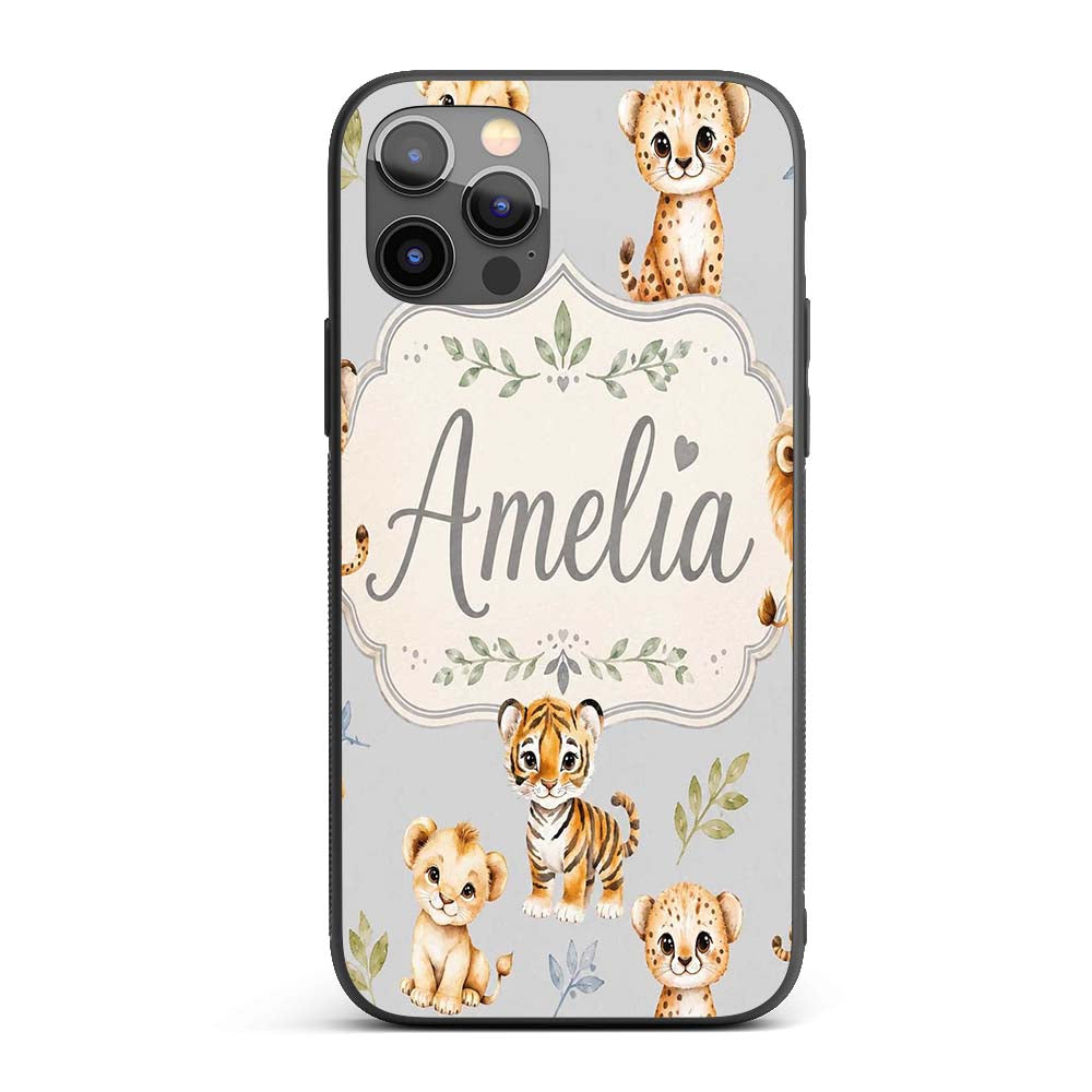 Baby Safari Animals Leopard Tiger Lion on Soft Custom Name Protective Phone Case Mobile Cover Durable Everyday Smartphone Shock Resistant