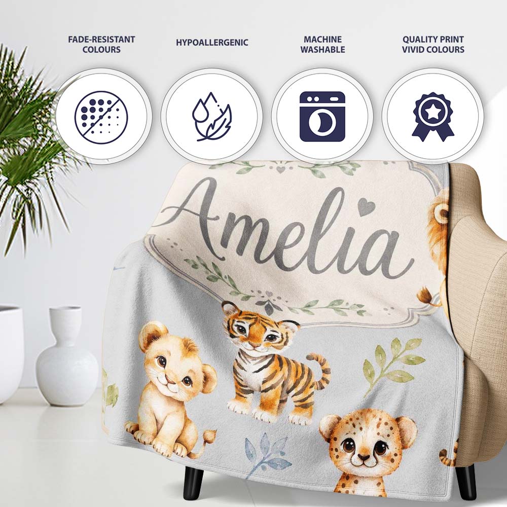 Baby Safari Animals Leopard Tiger Lion on Soft Grey Seamless Personalised Custom Name Super Soft Fleece Blanket Bed Sofa Throw