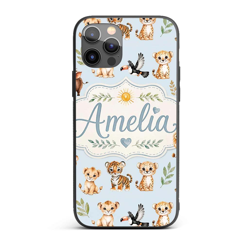 Baby Safari Animals Leopard Tiger Lion on Pastel Custom Name Protective Phone Case Mobile Cover Durable Everyday Smartphone Shock Resistant
