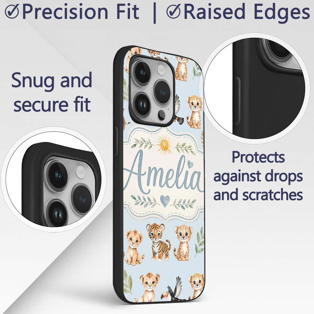 Baby Safari Animals Leopard Tiger Lion on Pastel Custom Name Protective Phone Case Mobile Cover Durable Everyday Smartphone Shock Resistant