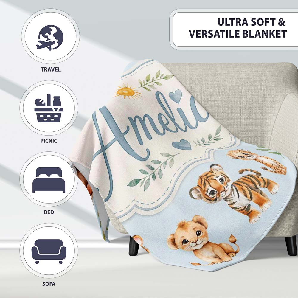 Baby Safari Animals Leopard Tiger Lion on Pastel Blue Seamless Personalised Custom Name Super Soft Fleece Blanket Bed Sofa Throw