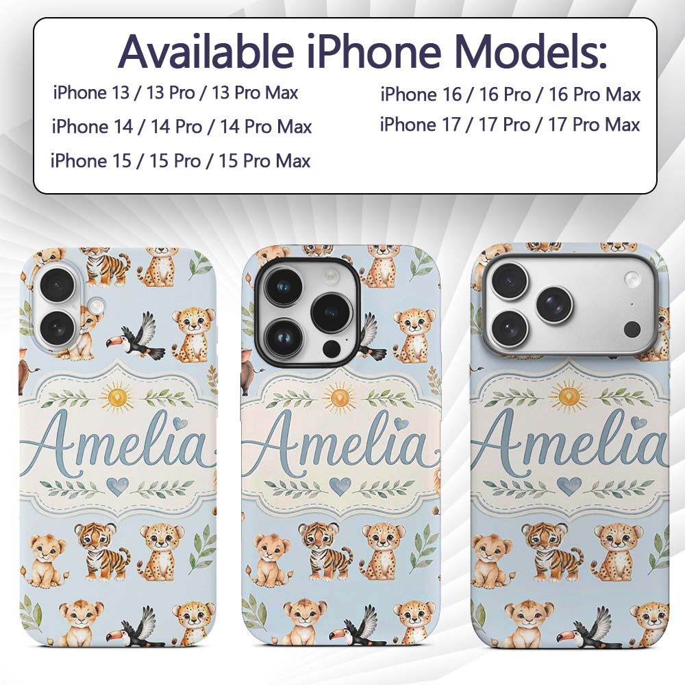 Baby Safari Animals Leopard Tiger Lion on Pastel Custom Name Protective Phone Case Mobile Cover Durable Everyday Smartphone Shock Resistant