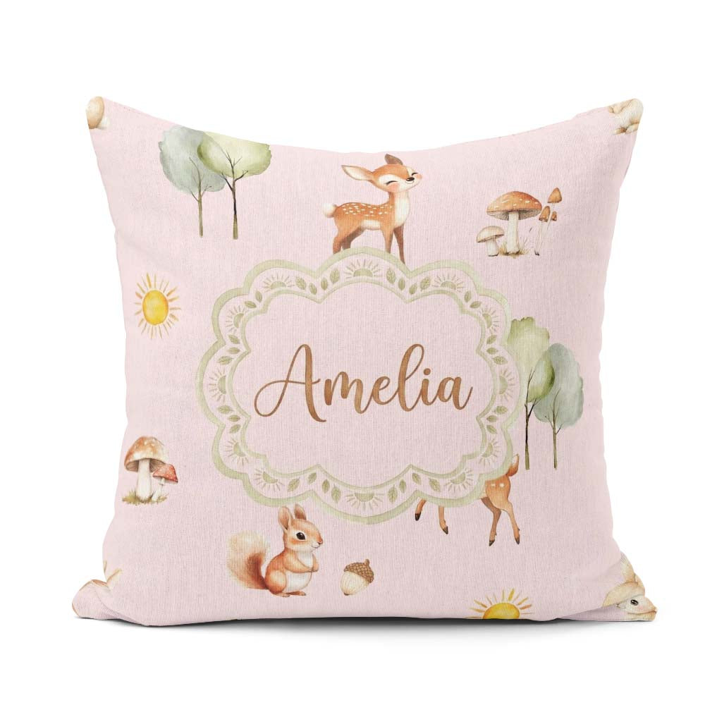 Custom Name Woodland Animals Deer Fox Squirrel Mushrooms on Pink Square Filled Cushion Throw Pillow Sofa Bed Home Decor Zip Washable UK Made