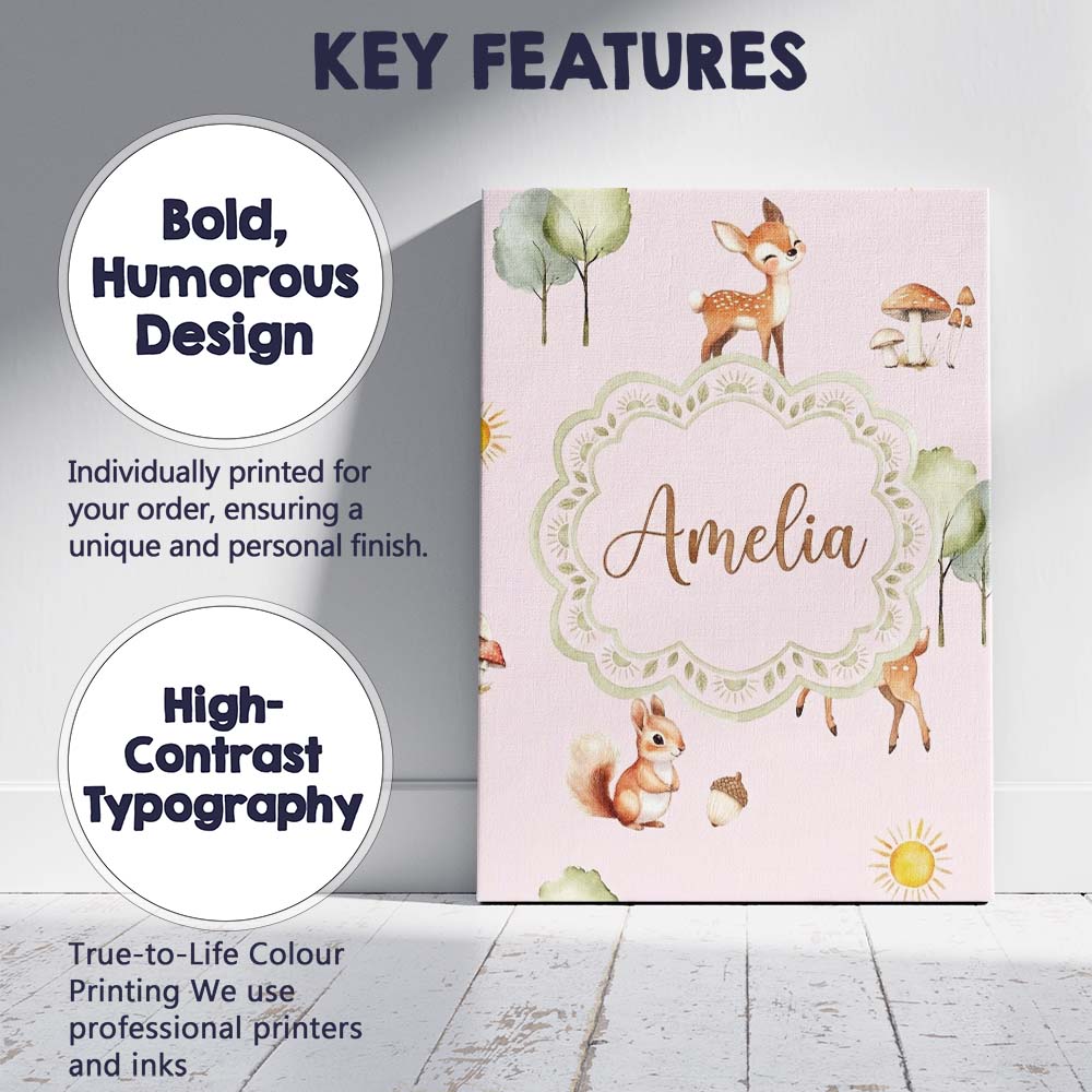 Personalised Name Woodland Animals Deer Fox Custom Bespoke Interior Contemporary Canvas Wall Art Print Decor Picture Ready to Hang