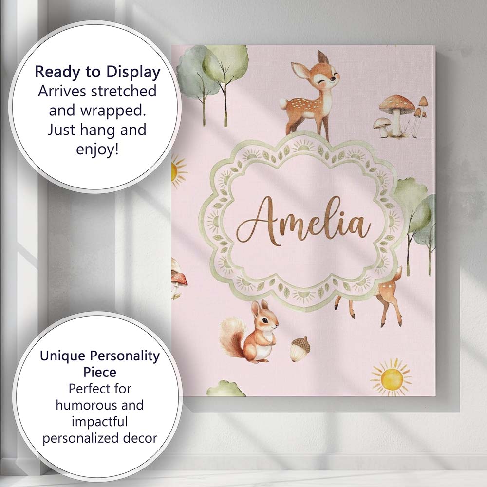 Personalised Name Woodland Animals Deer Fox Custom Bespoke Interior Contemporary Canvas Wall Art Print Decor Picture Ready to Hang
