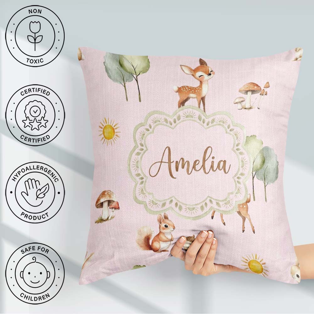 Custom Name Woodland Animals Deer Fox Squirrel Mushrooms on Pink Square Filled Cushion Throw Pillow Sofa Bed Home Decor Zip Washable UK Made