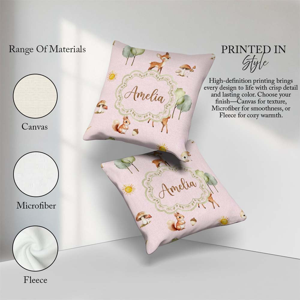 Custom Name Woodland Animals Deer Fox Squirrel Mushrooms on Pink Square Filled Cushion Throw Pillow Sofa Bed Home Decor Zip Washable UK Made