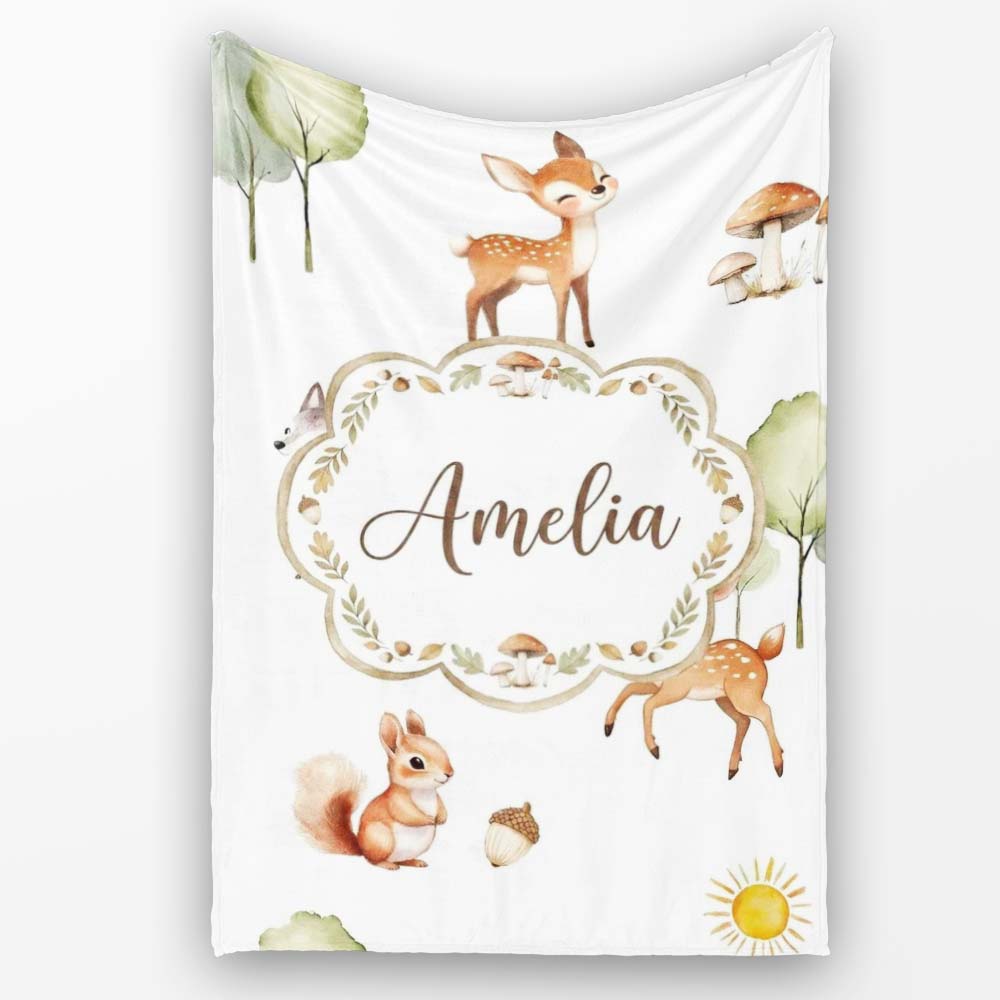 Woodland Animals Deer Fox Squirrel Mushrooms on Soft Grey Seamless Personalised Custom Name Super Soft Fleece Blanket Bed Sofa Throw