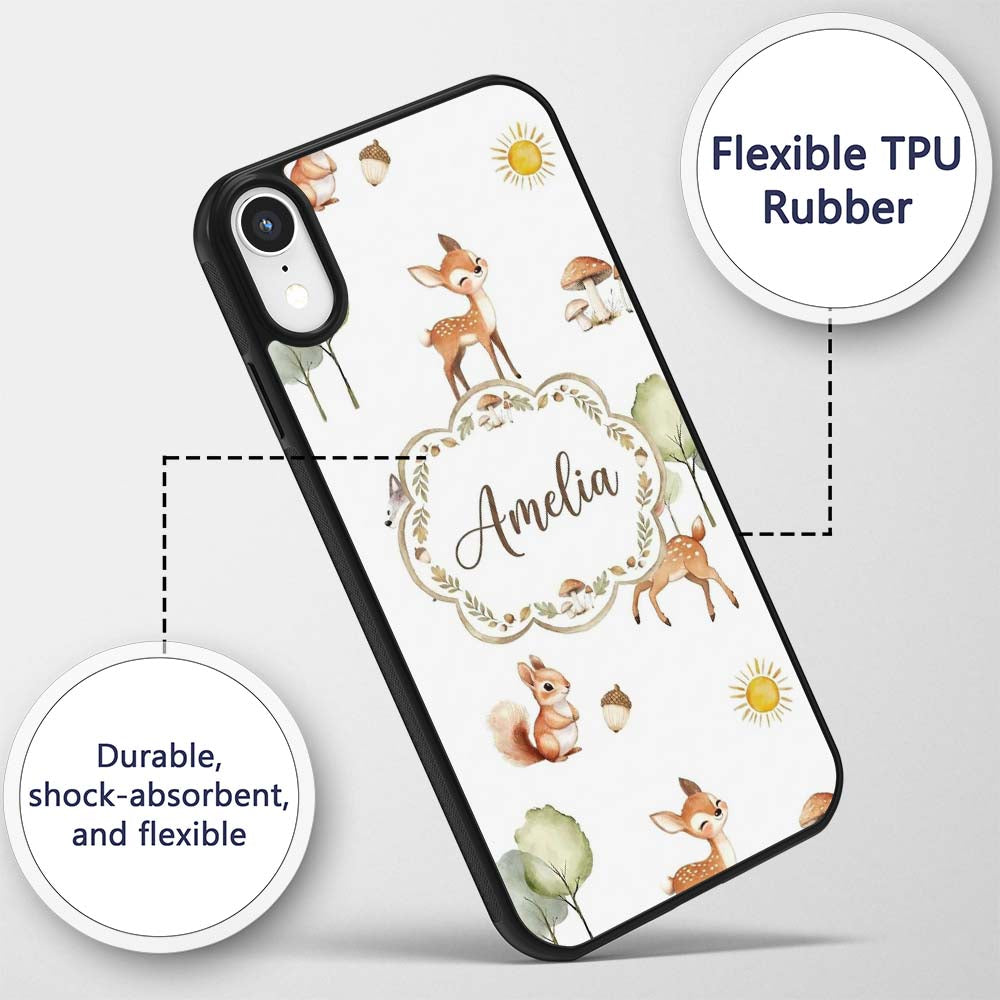 Woodland Animals Deer Fox Squirrel Mushrooms on Custom Name Protective Phone Case Mobile Cover Durable Everyday Smartphone Shock Resistant