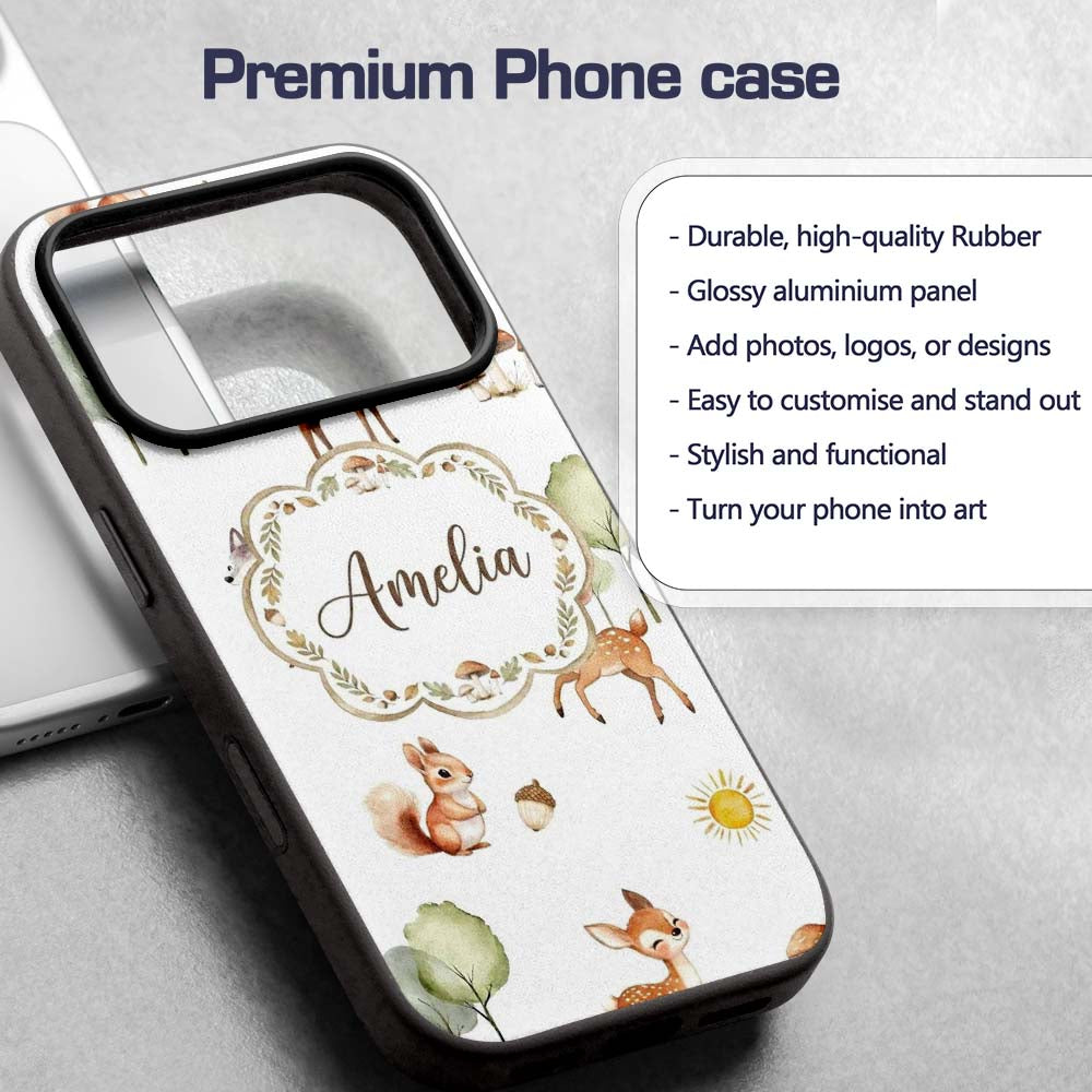 Woodland Animals Deer Fox Squirrel Mushrooms on Custom Name Protective Phone Case Mobile Cover Durable Everyday Smartphone Shock Resistant