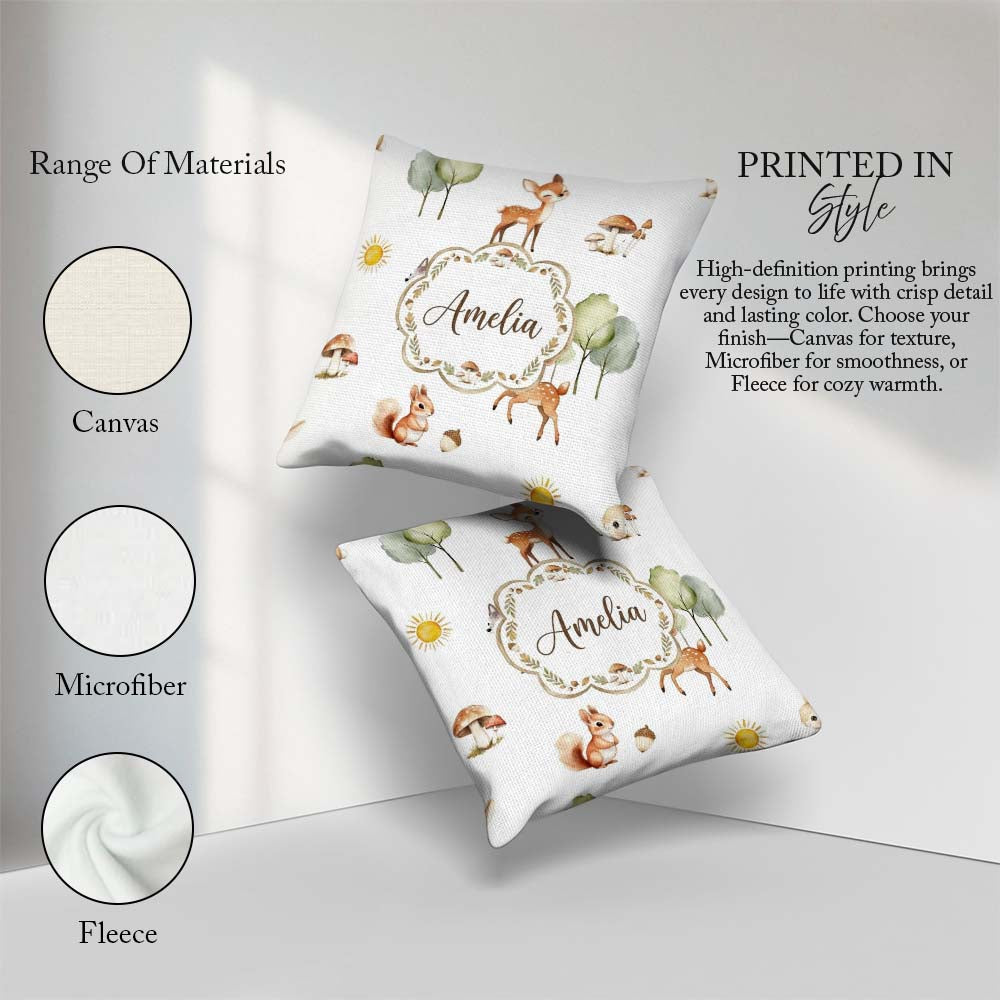 Custom Name Woodland Animals Deer Fox Squirrel Mushrooms on Soft Square Filled Cushion Throw Pillow Sofa Bed Home Decor Zip Washable UK Made