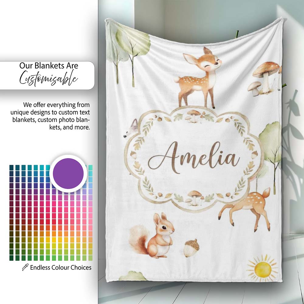 Woodland Animals Deer Fox Squirrel Mushrooms on Soft Grey Seamless Personalised Custom Name Super Soft Fleece Blanket Bed Sofa Throw