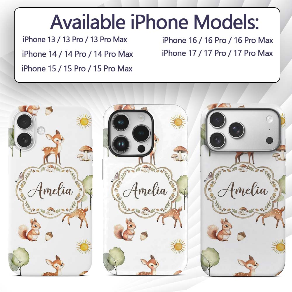Woodland Animals Deer Fox Squirrel Mushrooms on Custom Name Protective Phone Case Mobile Cover Durable Everyday Smartphone Shock Resistant