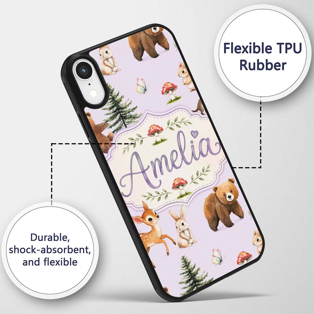 Forest Animals Bear Bunny Squirrel Trees on Soft Custom Name Protective Phone Case Mobile Cover Durable Everyday Smartphone Shock Resistant