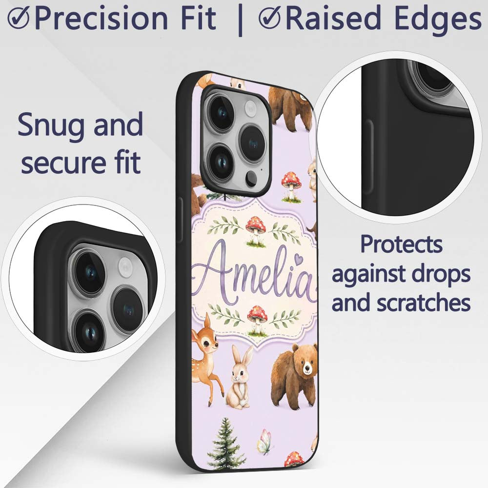 Forest Animals Bear Bunny Squirrel Trees on Soft Custom Name Protective Phone Case Mobile Cover Durable Everyday Smartphone Shock Resistant