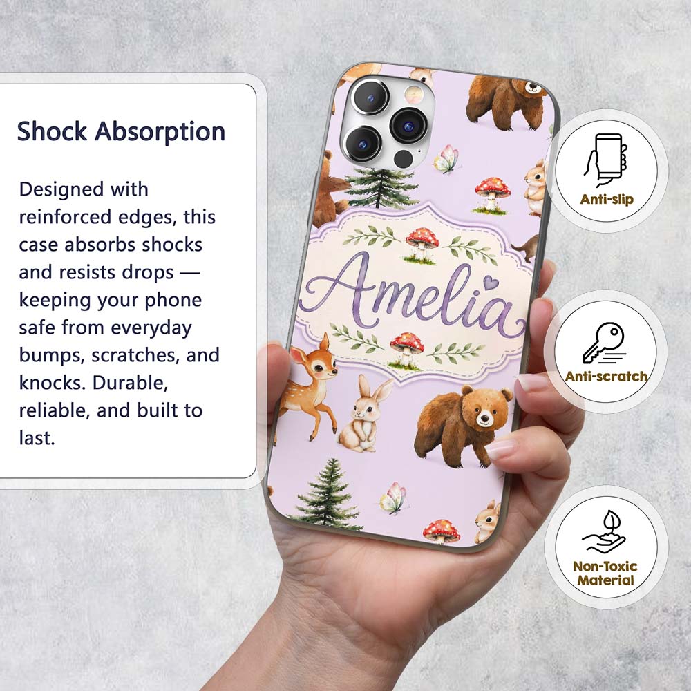 Forest Animals Bear Bunny Squirrel Trees on Soft Custom Name Protective Phone Case Mobile Cover Durable Everyday Smartphone Shock Resistant