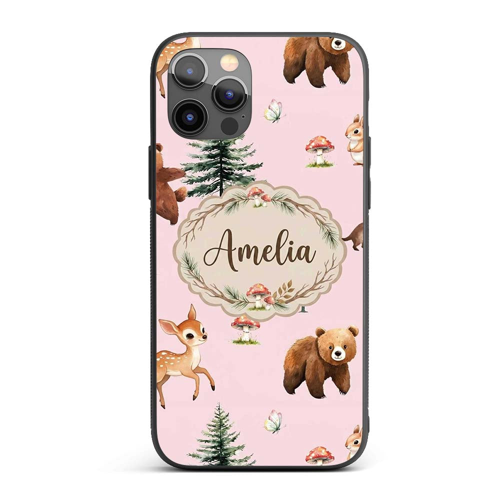 Forest Animals Bear Bunny Squirrel Trees on Warm Custom Name Protective Phone Case Mobile Cover Durable Everyday Smartphone Shock Resistant