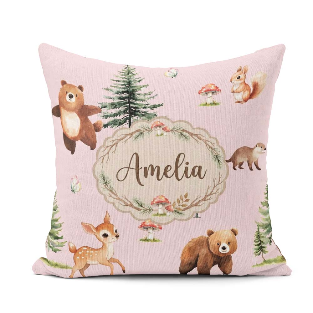 Custom Name Forest Animals Bear Bunny Squirrel Trees on Seamless Square Filled Cushion Throw Pillow Sofa Bed Home Decor Zip Washable UK Made