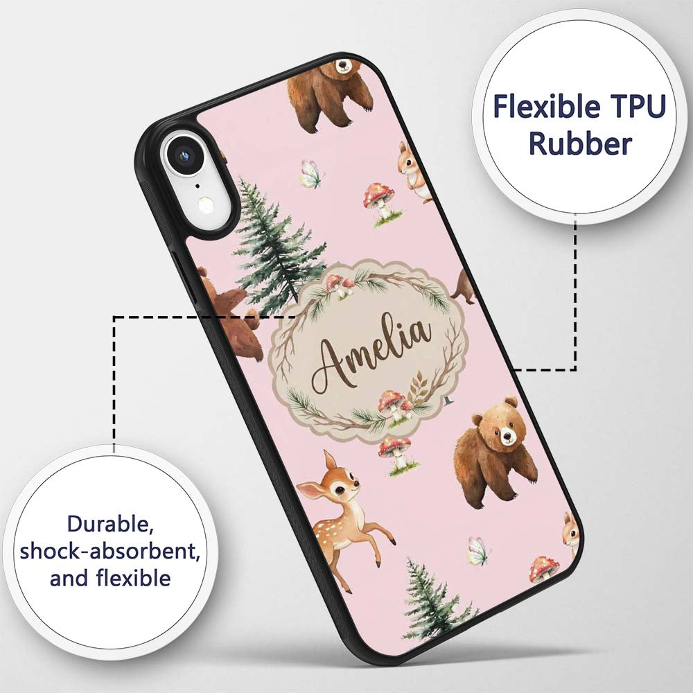 Forest Animals Bear Bunny Squirrel Trees on Warm Custom Name Protective Phone Case Mobile Cover Durable Everyday Smartphone Shock Resistant