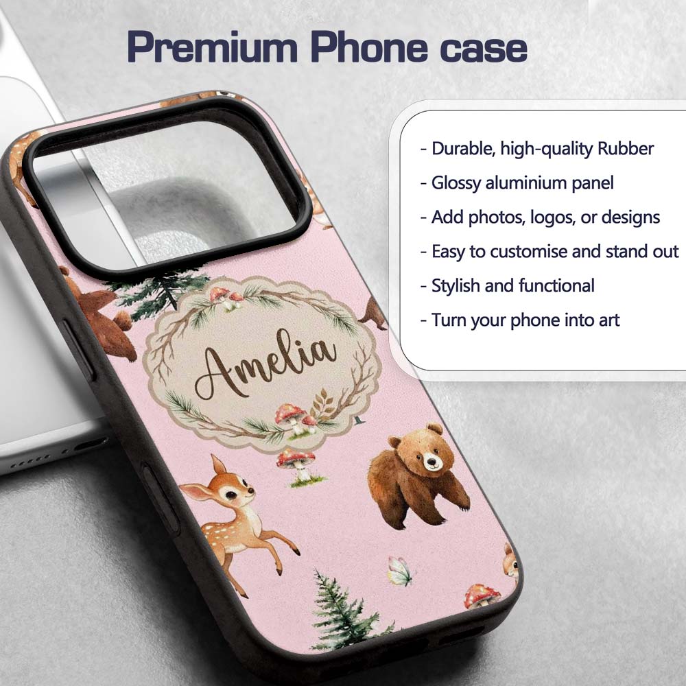 Forest Animals Bear Bunny Squirrel Trees on Warm Custom Name Protective Phone Case Mobile Cover Durable Everyday Smartphone Shock Resistant
