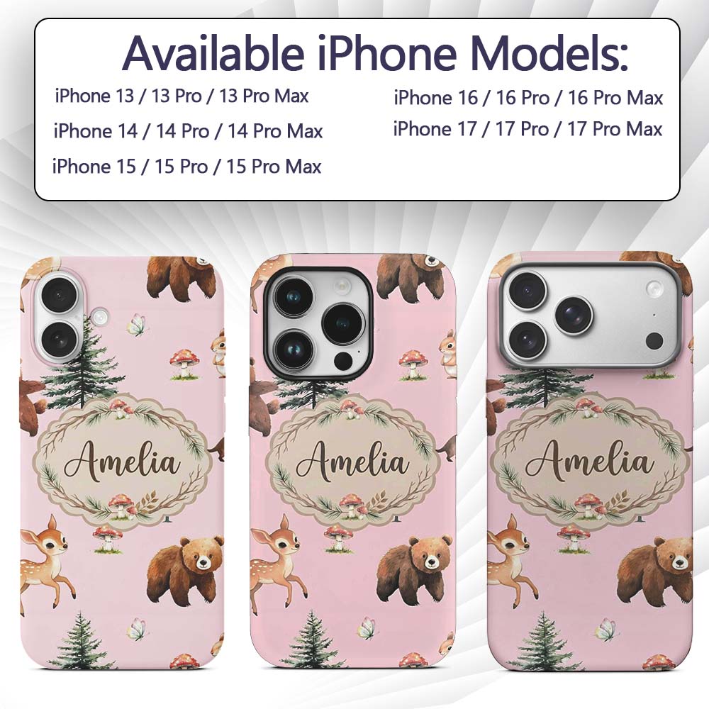 Forest Animals Bear Bunny Squirrel Trees on Warm Custom Name Protective Phone Case Mobile Cover Durable Everyday Smartphone Shock Resistant