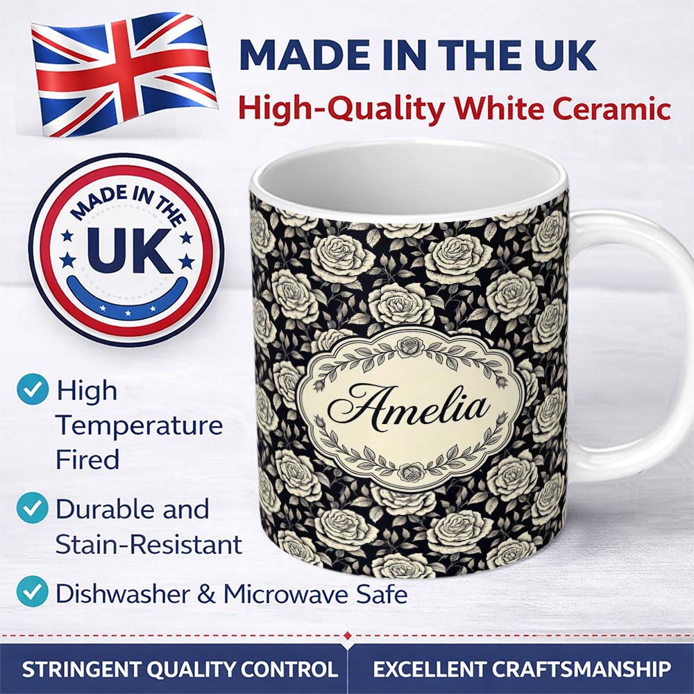 Personalized Custom Name Monochrome Rose Floral Pattern on Dark Background Seamless Pattern 11oz Ceramic Coffee Tea Mug White Large Handle