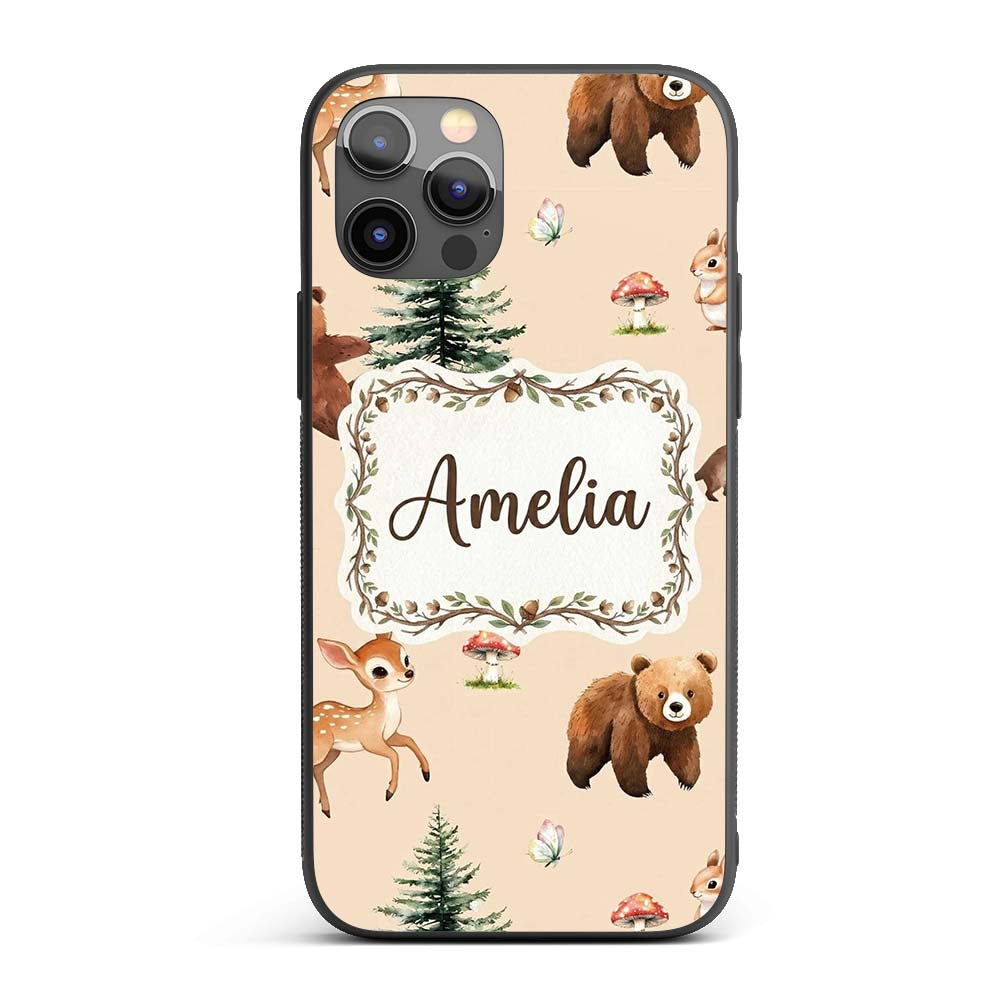 Forest Animals Bear Bunny Squirrel Trees on Warm Custom Name Protective Phone Case Mobile Cover Durable Everyday Smartphone Shock Resistant