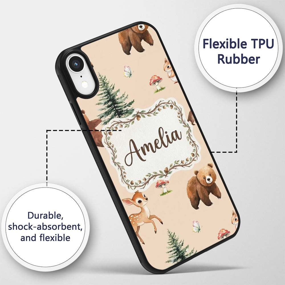 Forest Animals Bear Bunny Squirrel Trees on Warm Custom Name Protective Phone Case Mobile Cover Durable Everyday Smartphone Shock Resistant