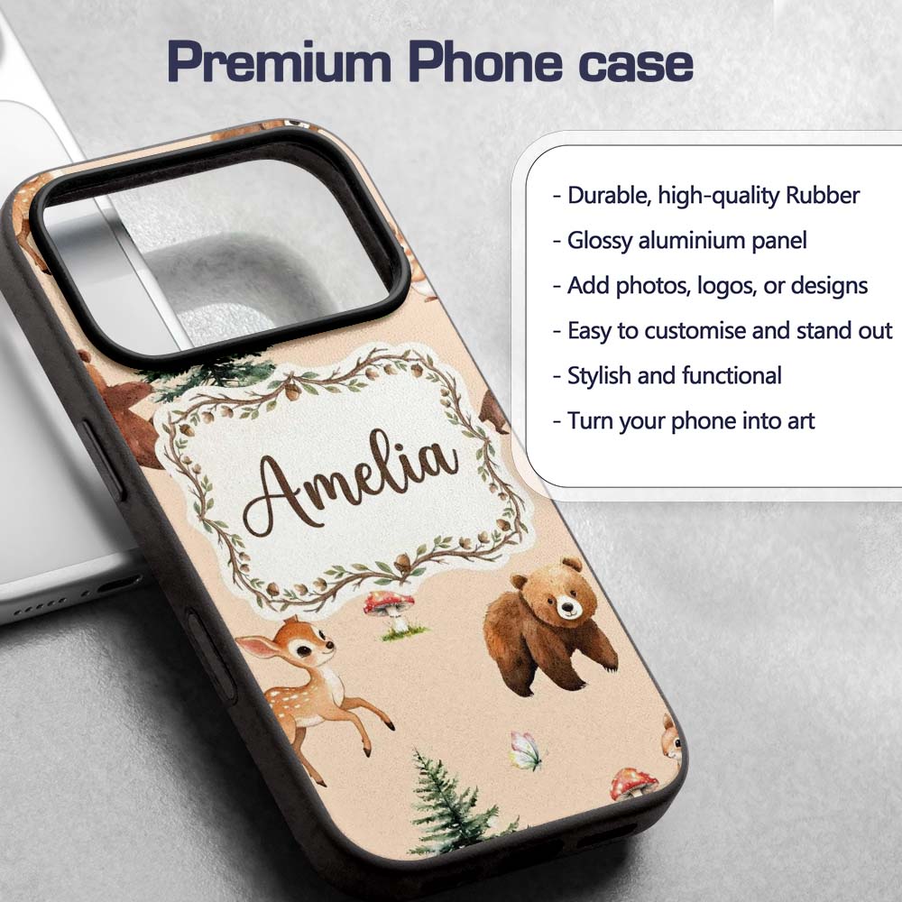 Forest Animals Bear Bunny Squirrel Trees on Warm Custom Name Protective Phone Case Mobile Cover Durable Everyday Smartphone Shock Resistant