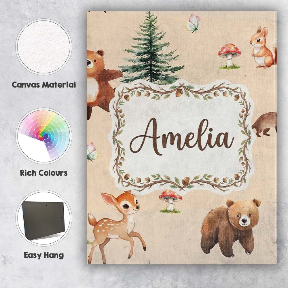 Personalised Name Forest Animals Bear Bunny Custom Bespoke Interior Contemporary Canvas Wall Art Print Decor Picture Ready to Hang