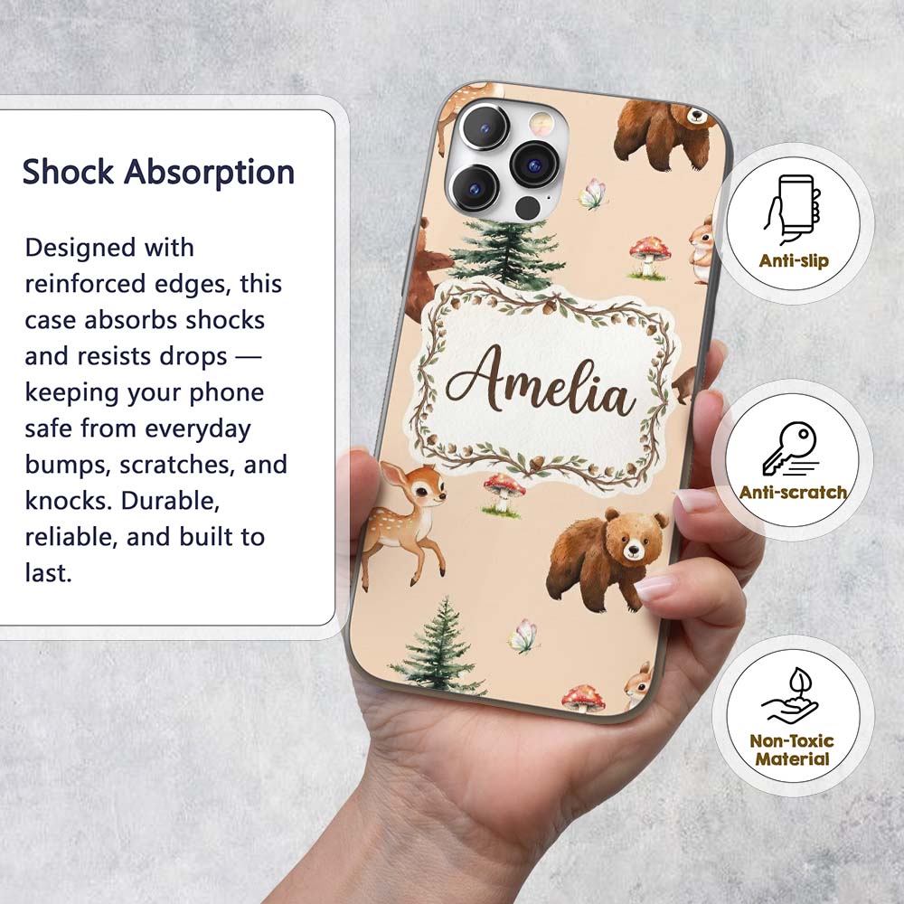 Forest Animals Bear Bunny Squirrel Trees on Warm Custom Name Protective Phone Case Mobile Cover Durable Everyday Smartphone Shock Resistant