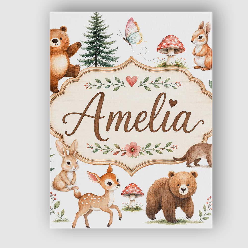Personalised Name Forest Animals Bear Deer Custom Unique Gift Idea Elegant Feature Canvas Wall Art Print Decor Picture Ready to Hang