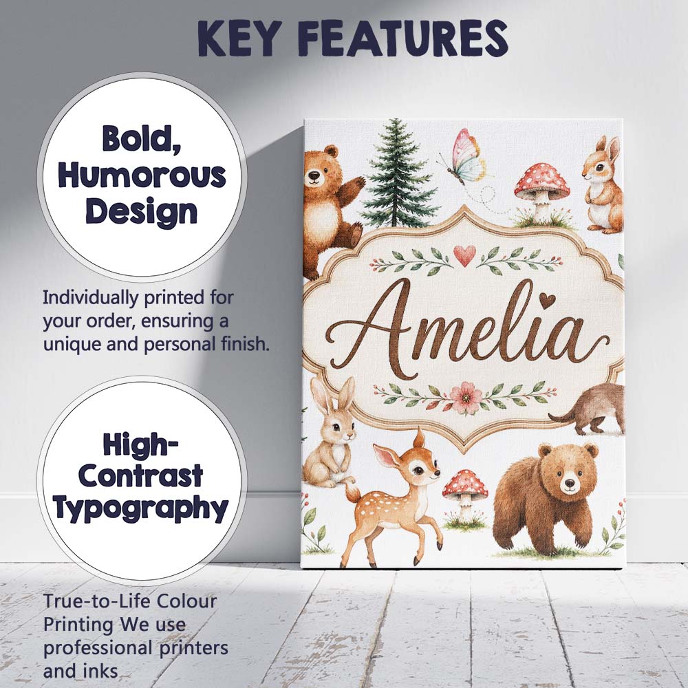 Personalised Name Forest Animals Bear Deer Custom Unique Gift Idea Elegant Feature Canvas Wall Art Print Decor Picture Ready to Hang