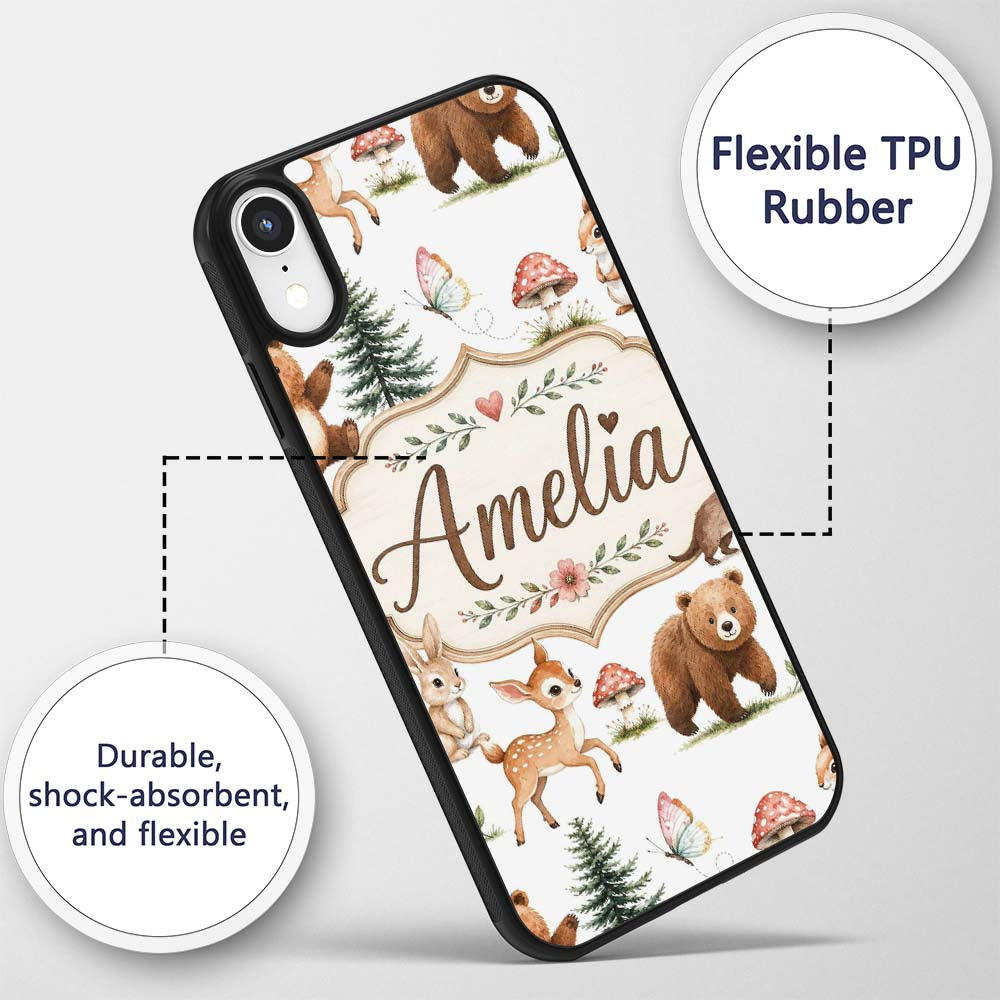 Forest Animals Bear Deer Fox Owl Raccoon on Soft Custom Name Protective Phone Case Mobile Cover Durable Everyday Smartphone Shock Resistant