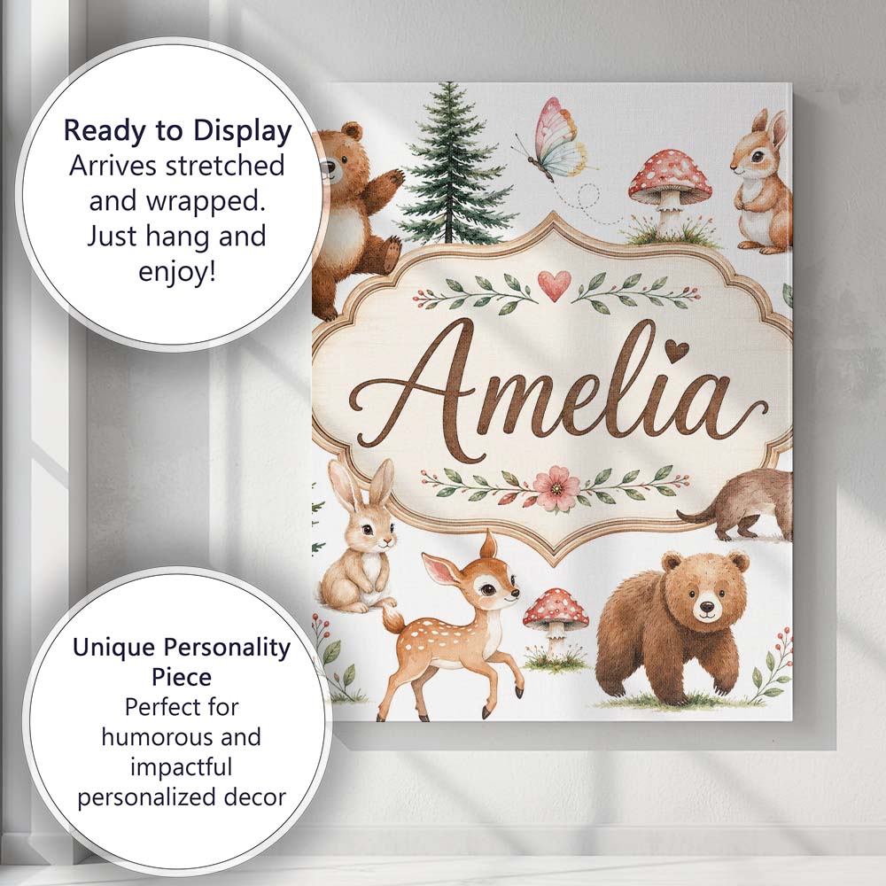 Personalised Name Forest Animals Bear Deer Custom Unique Gift Idea Elegant Feature Canvas Wall Art Print Decor Picture Ready to Hang