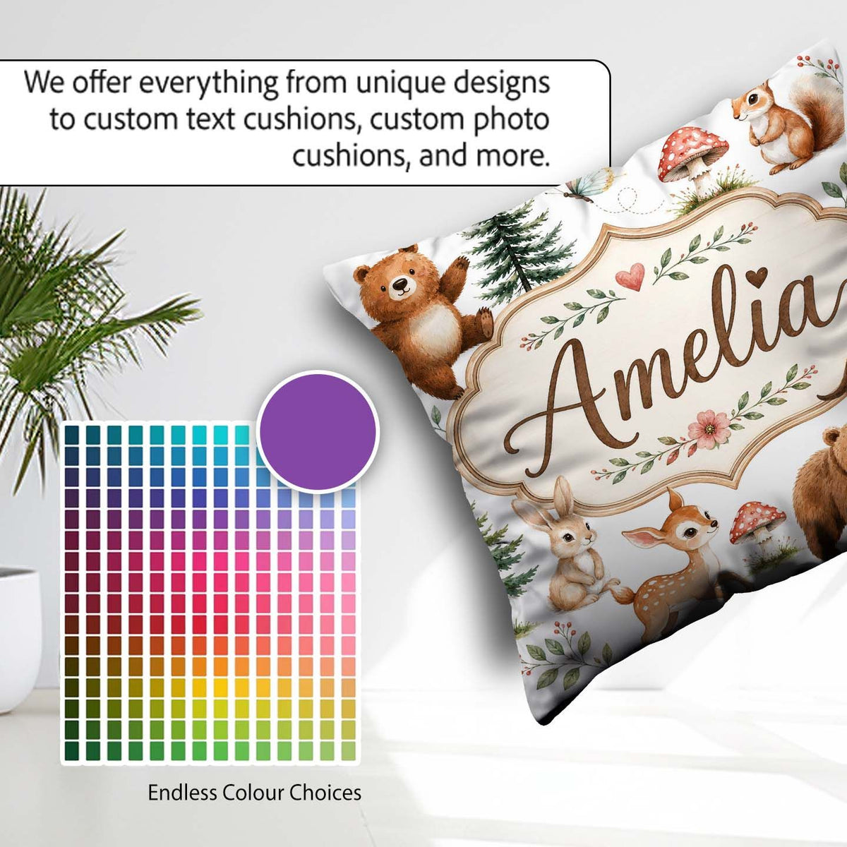 Custom Name Forest Animals Bear Deer Fox Owl Raccoon on Seamless Square Filled Cushion Throw Pillow Sofa Bed Home Decor Zip Washable UK Made
