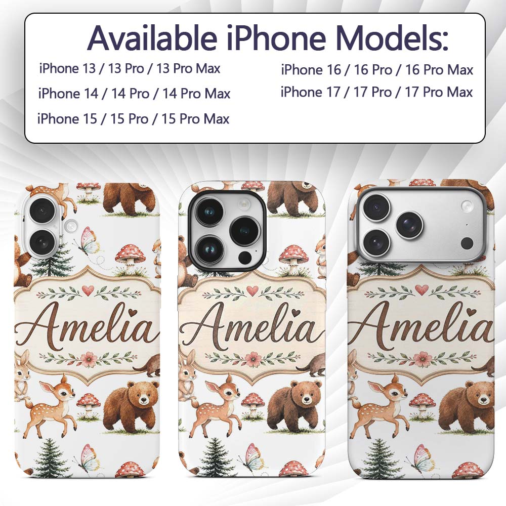 Forest Animals Bear Deer Fox Owl Raccoon on Soft Custom Name Protective Phone Case Mobile Cover Durable Everyday Smartphone Shock Resistant