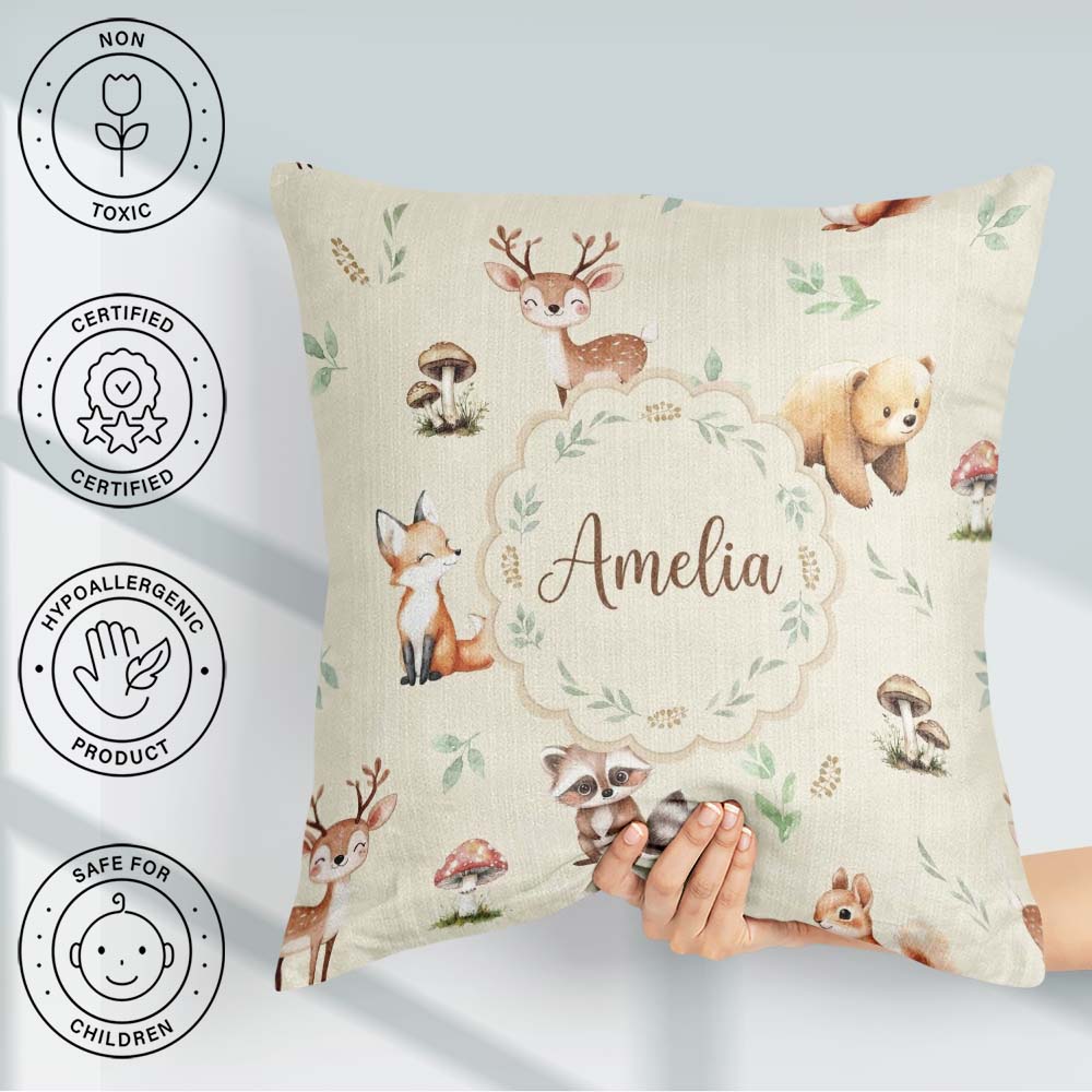 Custom Name Forest Animals Bear Deer Fox Owl Raccoon on Seamless Square Filled Cushion Throw Pillow Sofa Bed Home Decor Zip Washable UK Made