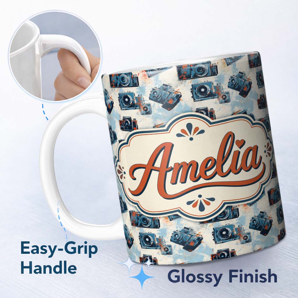 Personalized Custom Name Vintage Camera Pattern with Paint Splash Effect Light Background 11oz Ceramic Coffee Tea Mug White Large Handle