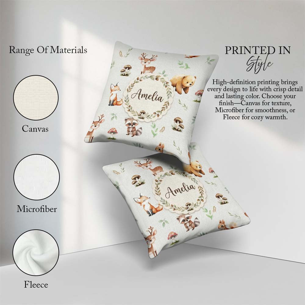 Custom Name Forest Animals Bear Deer Fox Owl Raccoon on Seamless Square Filled Cushion Throw Pillow Sofa Bed Home Decor Zip Washable UK Made