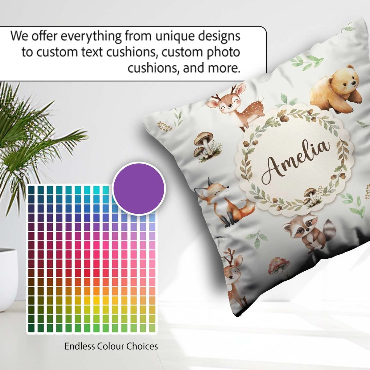 Custom Name Forest Animals Bear Deer Fox Owl Raccoon on Seamless Square Filled Cushion Throw Pillow Sofa Bed Home Decor Zip Washable UK Made