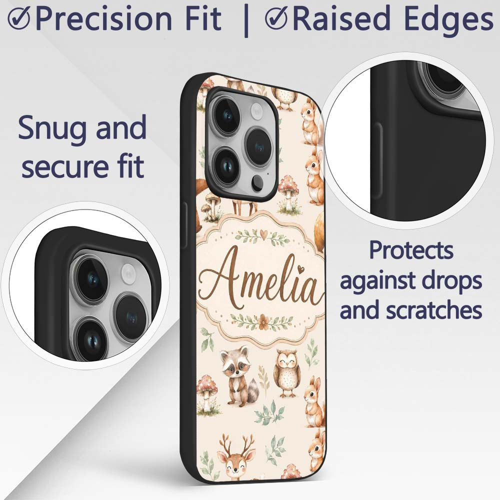 Forest Animals Bear Deer Fox Owl Printed Design Custom Name Protective Phone Case Mobile Cover Durable Everyday Smartphone Shock Resistant
