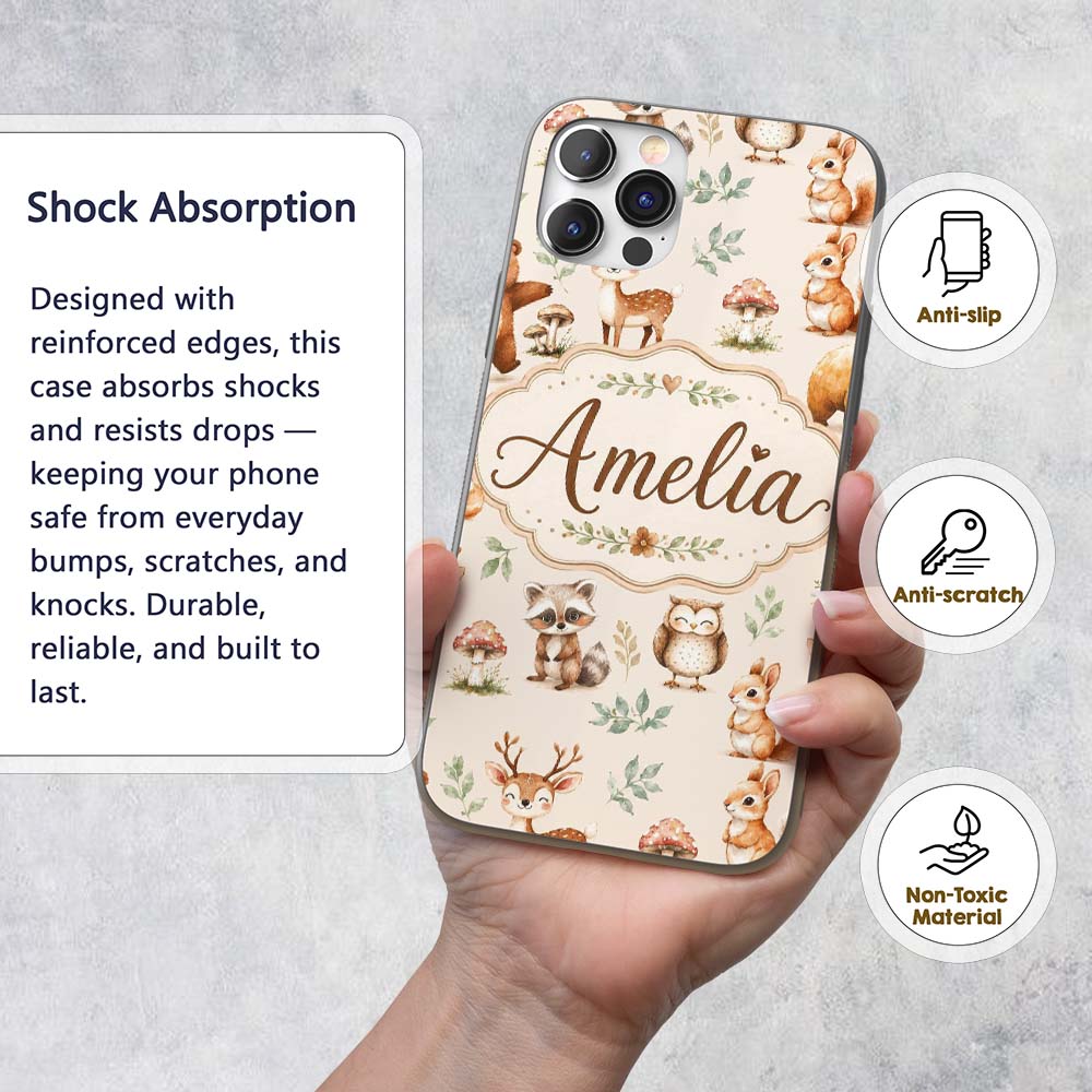 Forest Animals Bear Deer Fox Owl Printed Design Custom Name Protective Phone Case Mobile Cover Durable Everyday Smartphone Shock Resistant