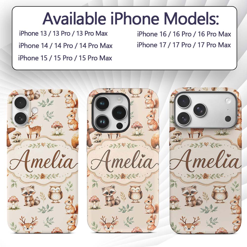 Forest Animals Bear Deer Fox Owl Printed Design Custom Name Protective Phone Case Mobile Cover Durable Everyday Smartphone Shock Resistant