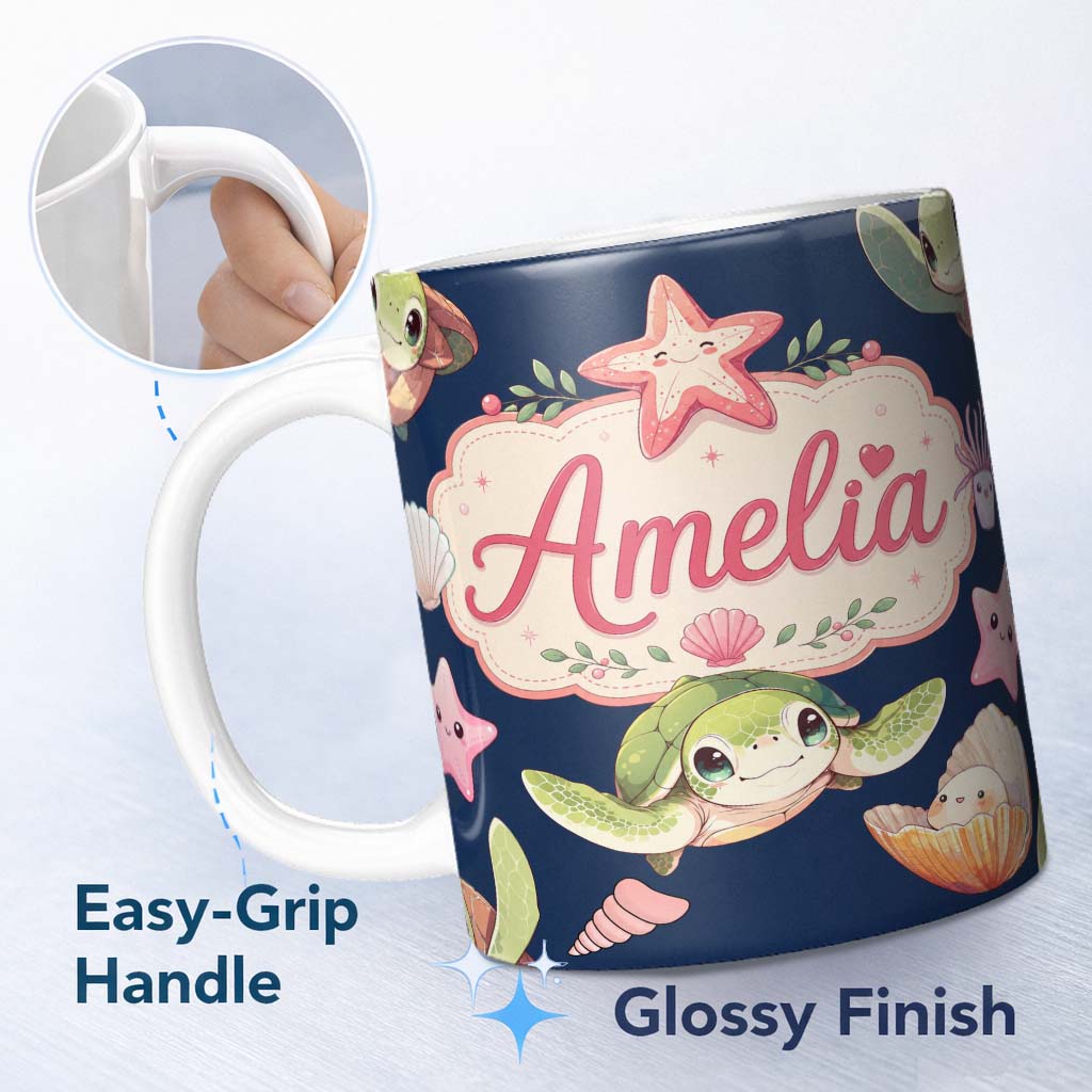 Personalized Custom Name Cute Sea Turtle Starfish Shell Kawaii Ocean Seamless Pattern Navy 11oz Ceramic Coffee Tea Mug White Large Handle