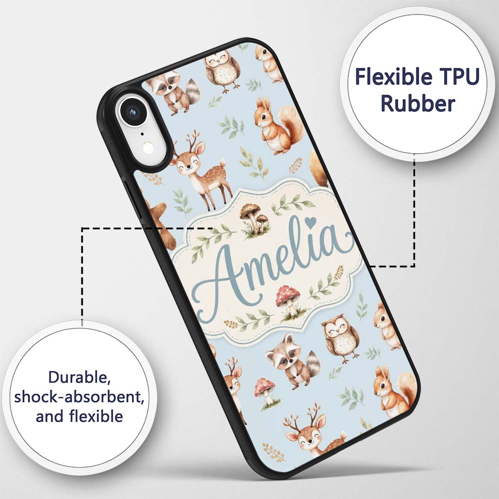 Forest Animals Bear Deer Fox Owl Raccoon on Soft Custom Name Protective Phone Case Mobile Cover Durable Everyday Smartphone Shock Resistant