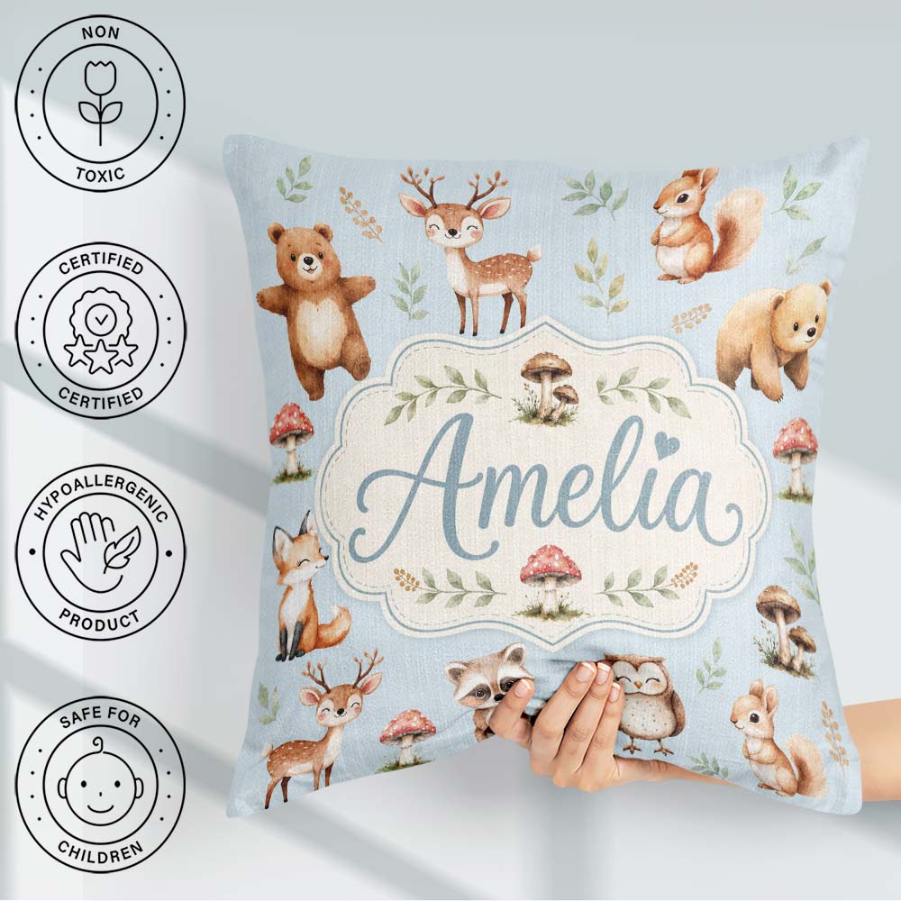Custom Name Forest Animals Bear Deer Fox Owl Raccoon on Seamless Square Filled Cushion Throw Pillow Sofa Bed Home Decor Zip Washable UK Made