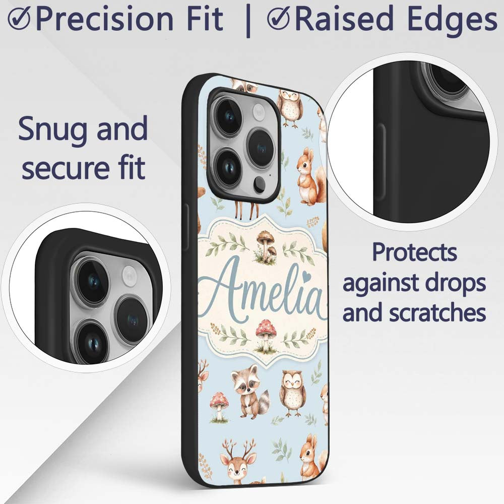 Forest Animals Bear Deer Fox Owl Raccoon on Soft Custom Name Protective Phone Case Mobile Cover Durable Everyday Smartphone Shock Resistant