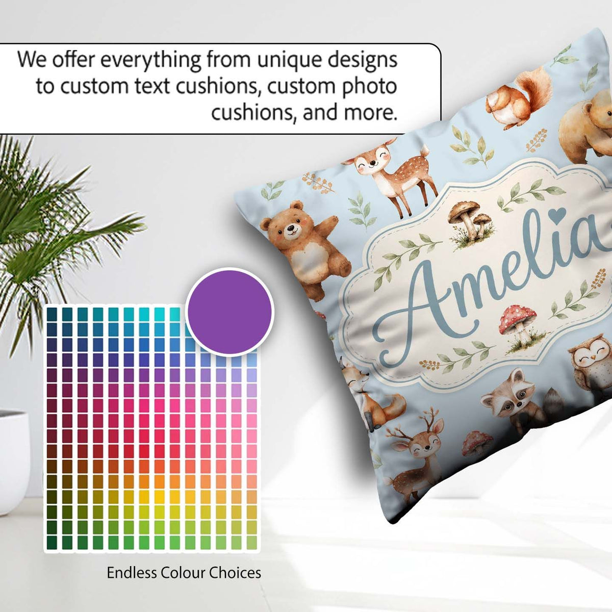 Custom Name Forest Animals Bear Deer Fox Owl Raccoon on Seamless Square Filled Cushion Throw Pillow Sofa Bed Home Decor Zip Washable UK Made