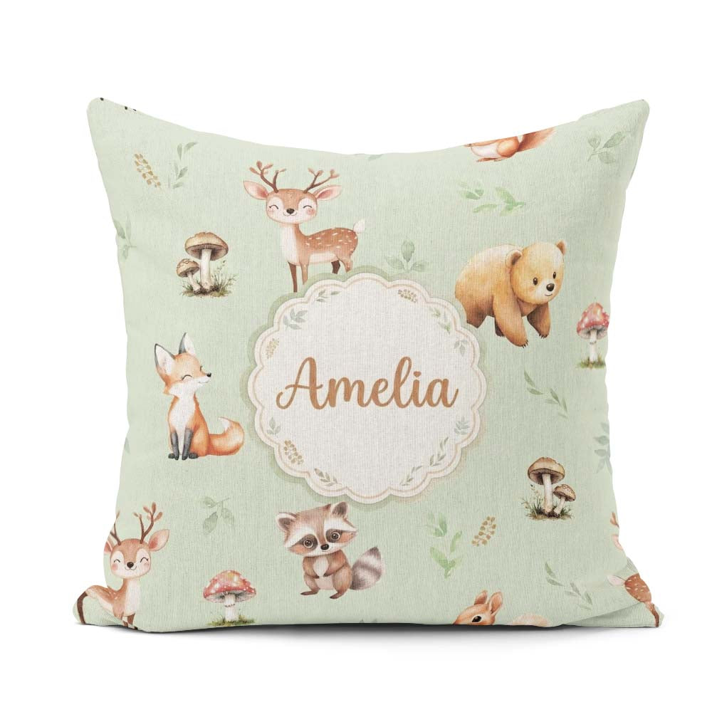 Custom Name Forest Animals Bear Deer Fox Owl Raccoon on Seamless Square Filled Cushion Throw Pillow Sofa Bed Home Decor Zip Washable UK Made